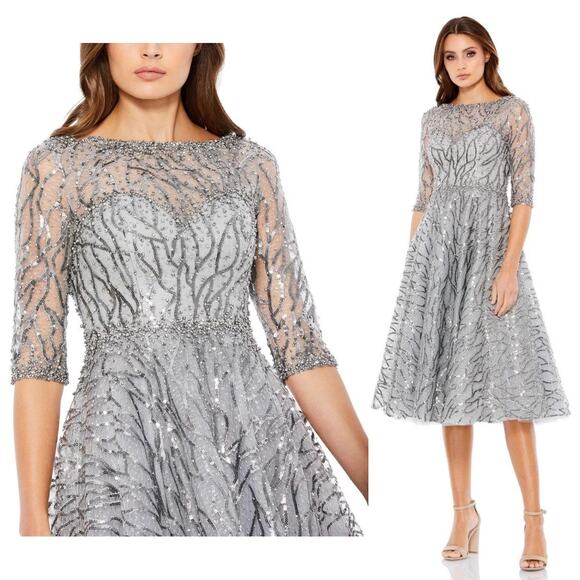 Mac Duggal 20252 High Neck Elbow Sleeve Embellished A Line Dress 4 NEW $598 - Picture 1 of 11